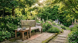 A wooden bench and a small table on a stone patio surrounded by green trees and pink flowers.