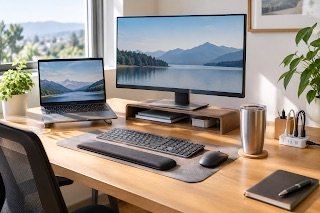 Modern desk setup with laptop, monitor stand, wireless keyboard, and mouse on a wooden table