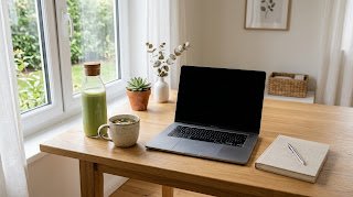 A laptop, a glass bottle with green liquid, and a notebook on a wooden table with house plants.