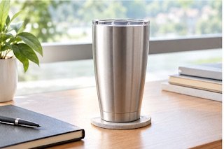 Silver stainless steel tumbler with lid on a wooden office table next to a notebook