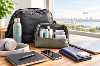 An open green toiletry pouch with travel-size bottles, a black bag, a water bottle, and electronic gadgets on a wooden desk.